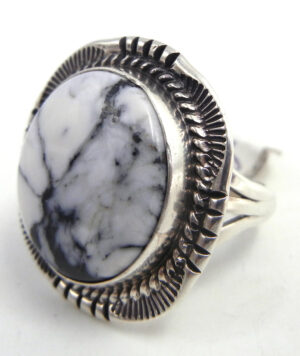 Navajo Will Denetdale Round White Buffalo and Sterling Silver Ring