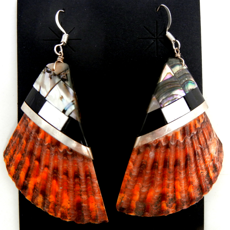 Santo Domingo shell and multi-stone and sterling silver inlay dangle earrings