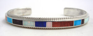 Zuni multi-stone and sterling silver channel inlay cuff bracleet