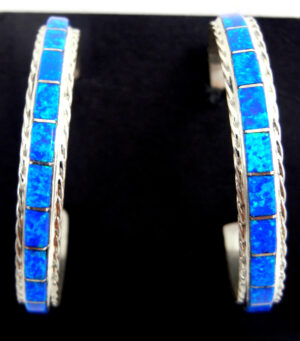 Zuni large blue lab opal and sterling silver channel inlay hoop earrings by Malcolm Chavez