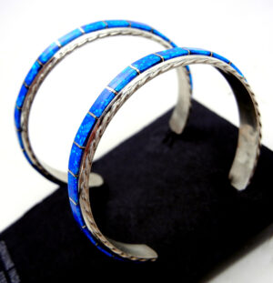 Zuni Malcolm Chavez Large Blue Lab Opal and Sterling Silver Channel Inlay Hoop Earrings