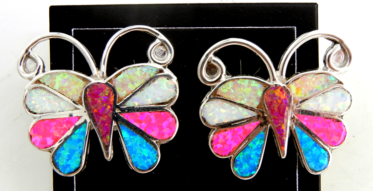 Zuni multi-colored lab opal and sterling silver inlay butterfly post earrings