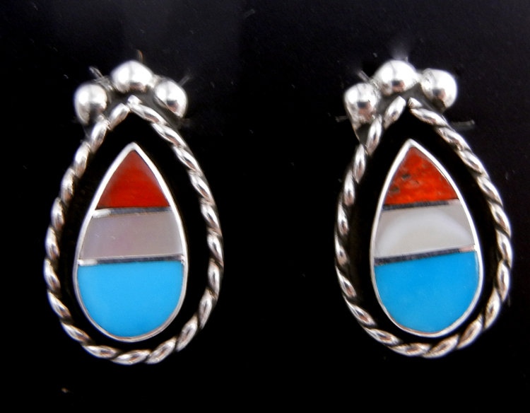 Zuni multi-stone inlay and sterling silver color block inlay tear drop shaped post earrings