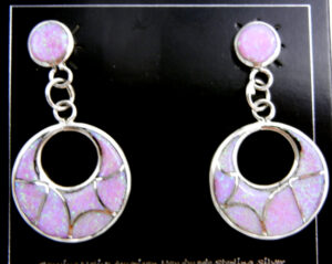 Zuni pink lab opal and sterling silver inlay circular cutout post dangle earrings