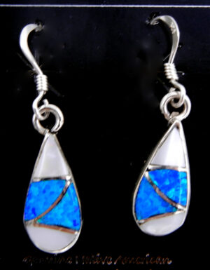 Zuni white mother of pearl, blue lab opal and sterling silver inlay small dangle earrings by Orlinda Natewa