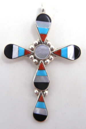 Zuni multi-stone inlay and sterling silver cross pendant