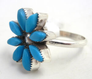 Zuni Small Turquoise and Sterling Silver Floral Pattern Ring