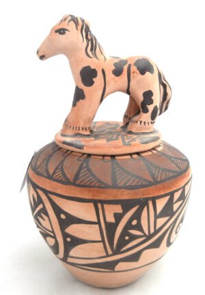 Isleta large handmade and hand painted jar with horse lid by Diane Wade