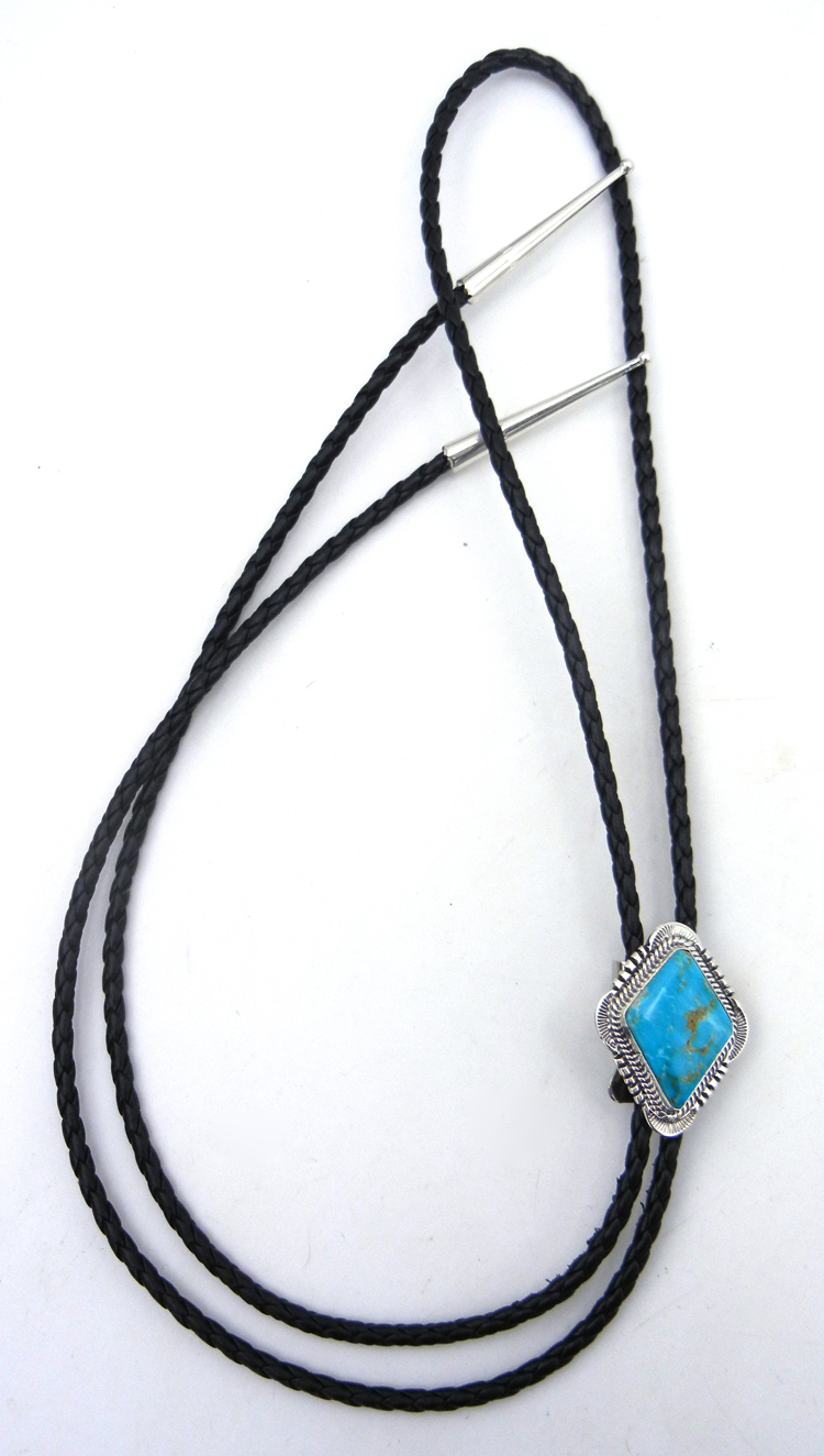 Navajo small diamond shaped turquoise and sterling silver bolo tie by Will Denetdale