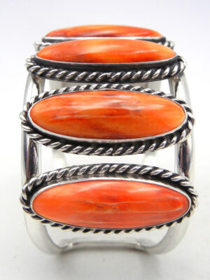 Navajo Leonard and Racquel Hurley Orange Spiny Oyster and Sterling Silver Row Cuff Bracelet