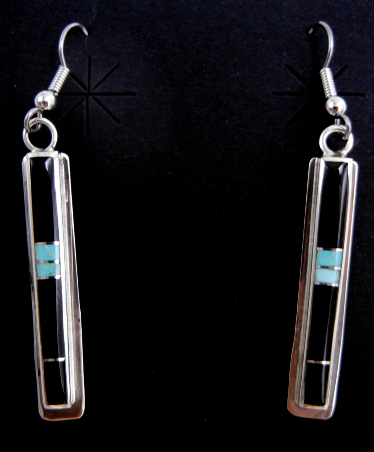 Navajo jet, turquoise and sterling silver channel inlay dangle earrings by Kyle Yellowhair