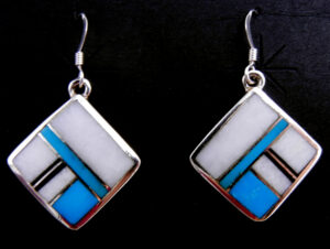 Navajo multi-stone inlay and sterling silver diamond shaped dangle earrings