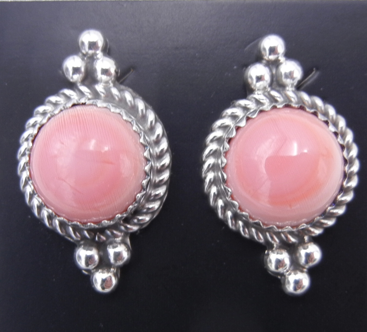 Navajo small pink conch and sterling silver post earrings