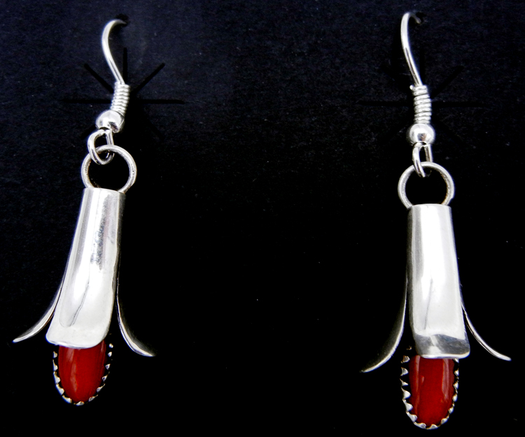 Navajo coral and sterling silver squash blossom dangle earrings by Doris Smallcanyon