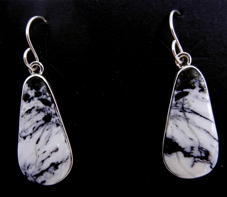 Navajo white buffalo and sterling silver tear drop shaped dangle earrings