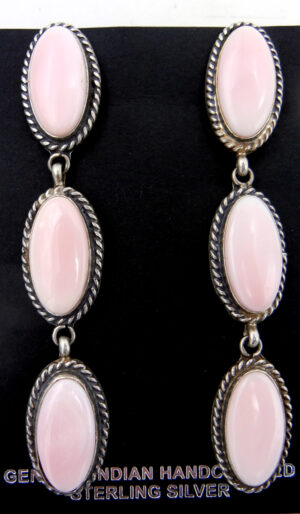 Navajo triple pink conch and sterling silver post dangle earrings