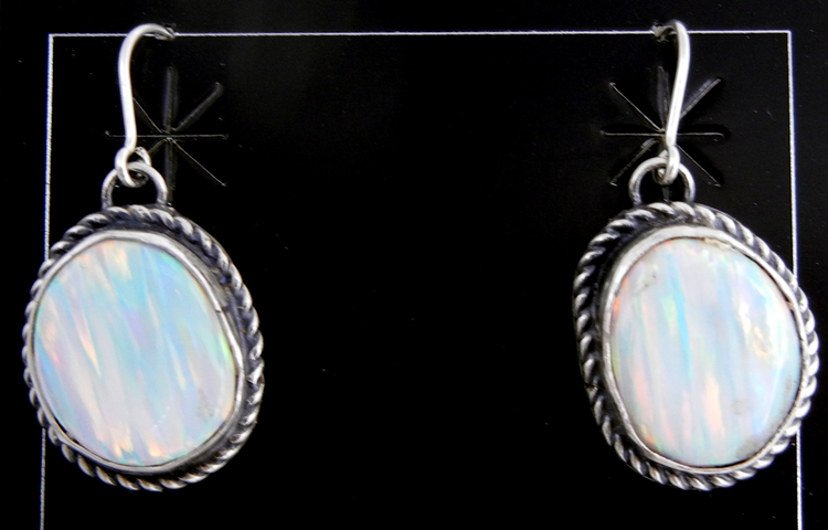 Navajo white lab opal and sterling silver dangle earrings