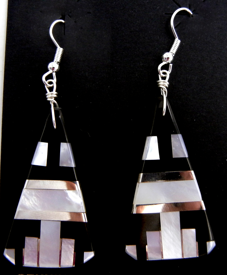 Santo Domingo jet, white mother of pearl and sterling silver inlay slab earrings by Daniel Coriz