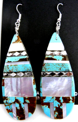 Santo Domingo turquoise, white mother of pearl and sterling silver inlay slab earrings by Daniel Coriz