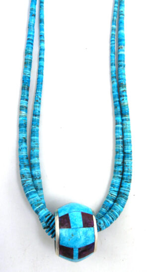 Santo Domingo Daniel Coriz Double Strand Turquoise Heishi Necklace with Inlaid Turquoise, Magenta and Sterling Silver Slide