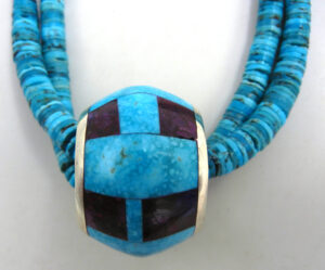 Santo Domingo Daniel Coriz Double Strand Turquoise Heishi Necklace with Inlaid Turquoise, Magenta and Sterling Silver Slide