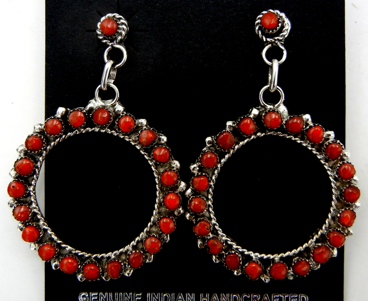 Zuni coral petit point and sterling silver circular cut out post dangle earrings