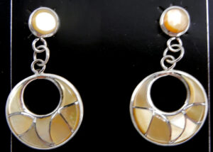 Zuni golden mother of pearl and sterling silver inlay circular cut out post dangle earrings