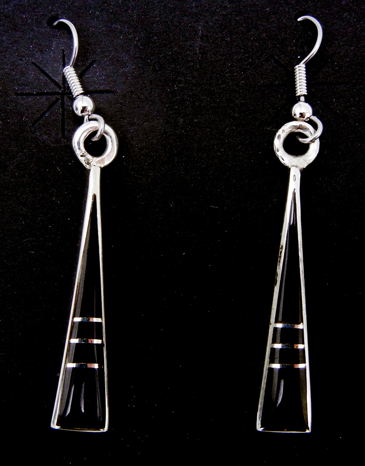 Zuni jet and sterling silver channel inlay triangular dangle earrings