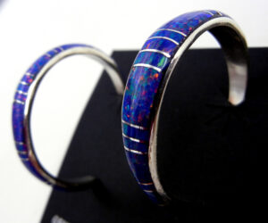 Zuni Blue Lab Opal and Sterling Silver Channel Inlay Hoop Earrings