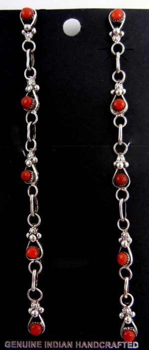 Zuni long coral and sterling silver post dangle earrings by Verdie Booqua