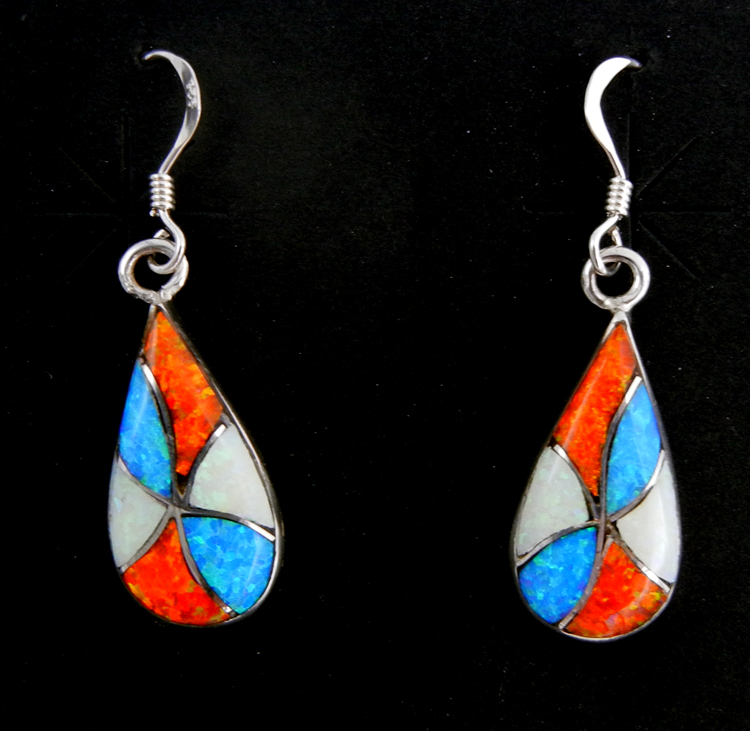 Zuni multi-colored lab opal and sterling silver inlay dangle earrings