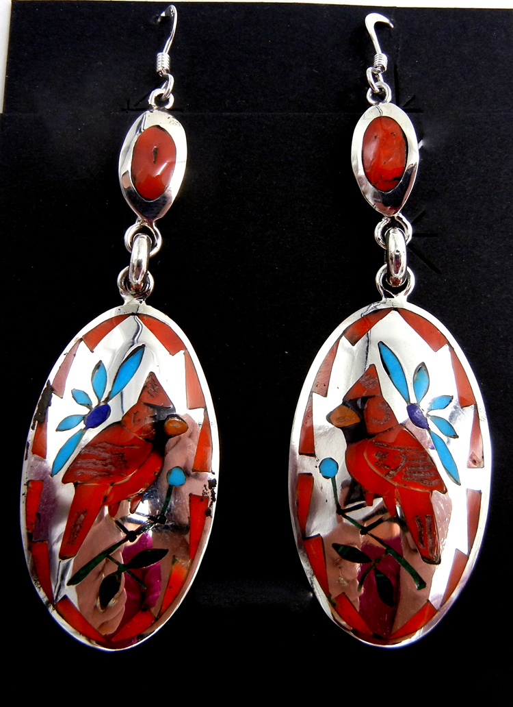 Zuni Quintin Quam multi-stone inlay and sterling silver cardinal dangle earrings