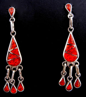 Zuni red lab opal and sterling silver inlay post dangle earrings