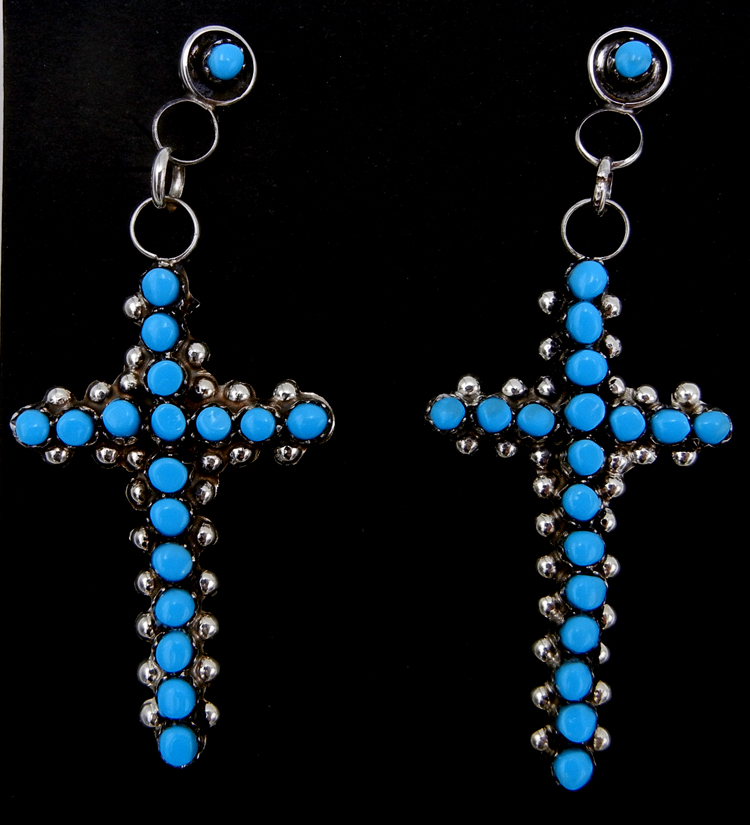 Zuni turquoise petit point and sterling silver cross post dangle earrings