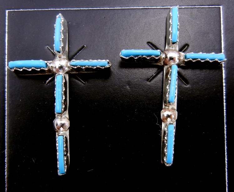 Zuni small turquoise needlepoint and sterling silver cross post earrings