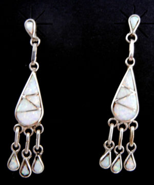 Zuni white lab opal and sterling silver inlay tear drop dangle post earrings by David Lucio