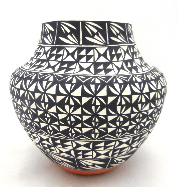 Acoma handmade and hand painted polychrome weather pattern jar by Mary and Manuel Stevens