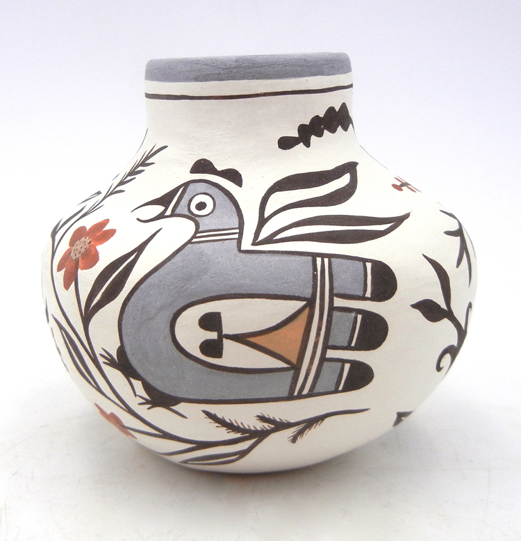 Acoma small handmade and hand painted bird and flower pattern jar by Judy Lewis