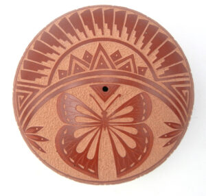 Jemez handmade, etched and polished butterfly and geometric pattern seed pot by Dennis Daubs