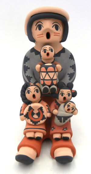 Jemez handmade and hand painted seated male storyteller figurine with four children by Chrislyn Fragua