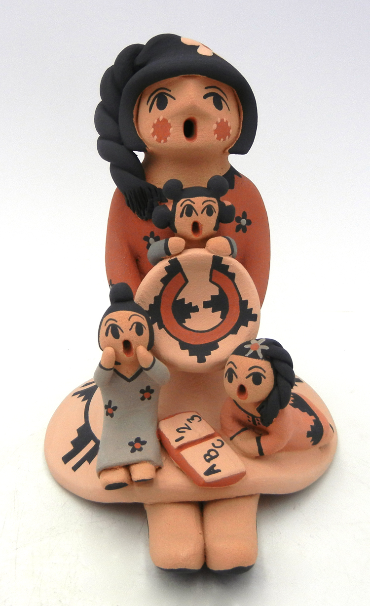 Jemez handmade and hand painted seated storyteller figurine with three children by Chrislyn Fragua