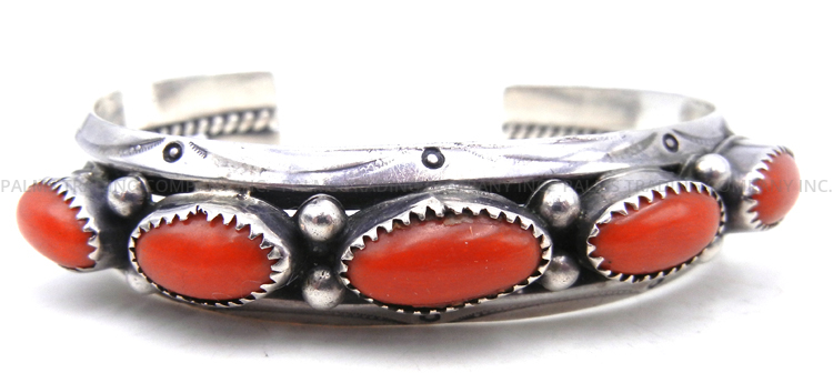 Navajo vintage coral and sterling silver row cuff bracelet by Irene Tsosie