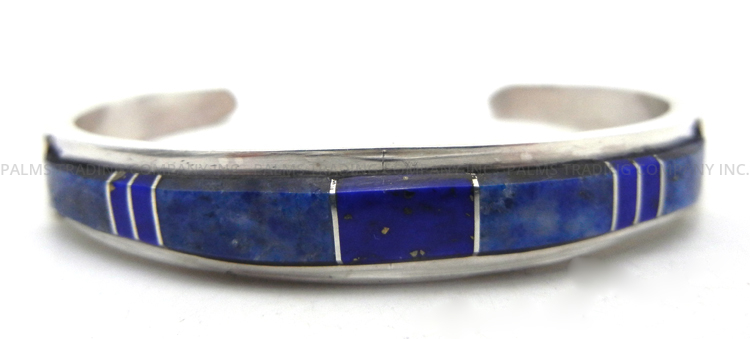 Navajo lapis, denim lapis and sterling silver channel inlay cuff bracelet by Kyle Yellowhair