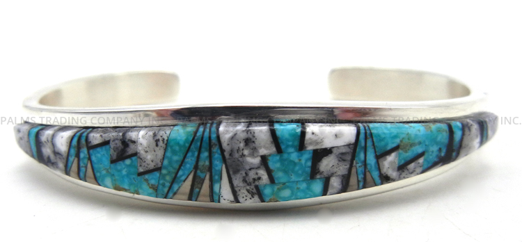 Navajo turquoise, white buffalo, jet and sterling silver inlay cuff bracelet by Melissa Willie