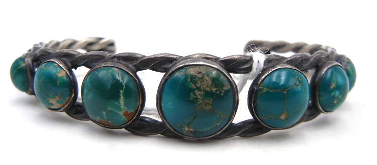 Navajo vintage green turquoise and sterling silver row cuff bracelet, circa 1970s