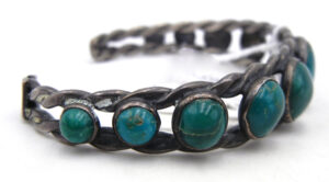 Navajo Vintage Green Turquoise and Sterling Silver Row Cuff Bracelet, Circa 1970s