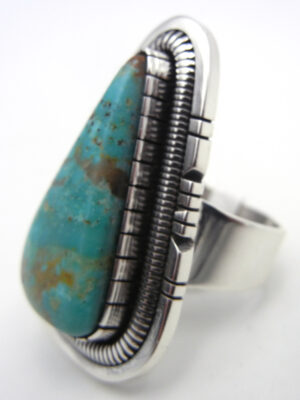 Navajo Walter Vandever Adjustable Triangular Green Turquoise and Sterling Silver Ring