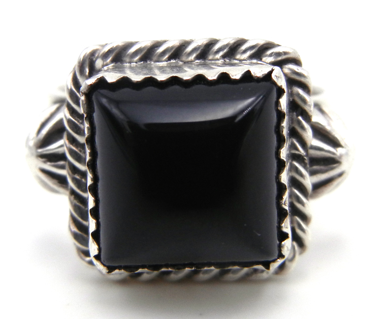 Navajo square onyx and sterling silver ring by Delbert Delgarito