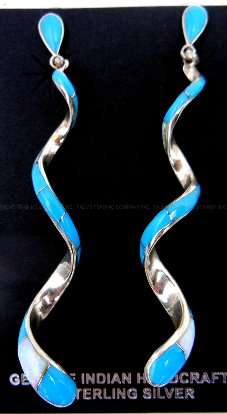 Zuni turquoise, white lab opal and sterling silver channel inlay spiral post dangle earrings