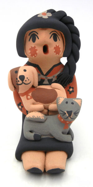 Jemez small seated storyteller figurine with dog and cat by Chrislyn Fragua